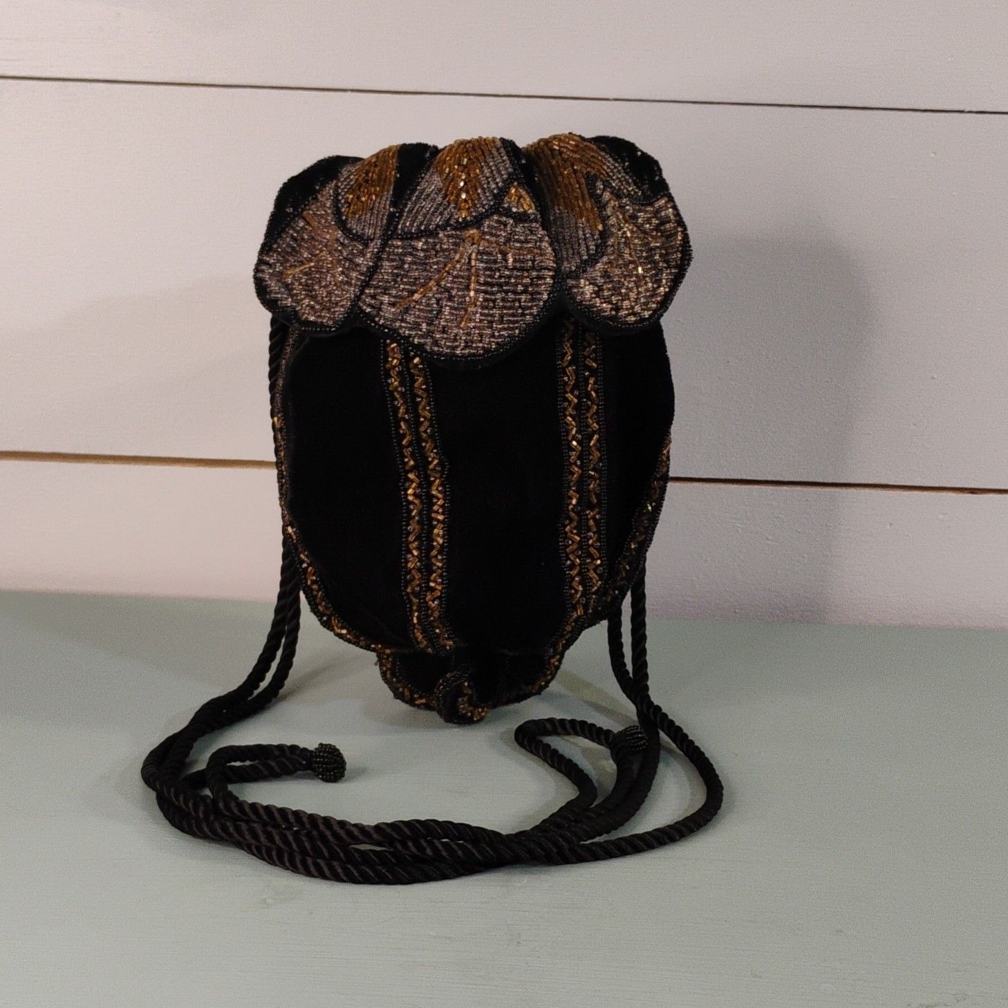 Rare Vintage Black Velvet W/Gold/Clear Glass Beaded Drawstring Evening Bag